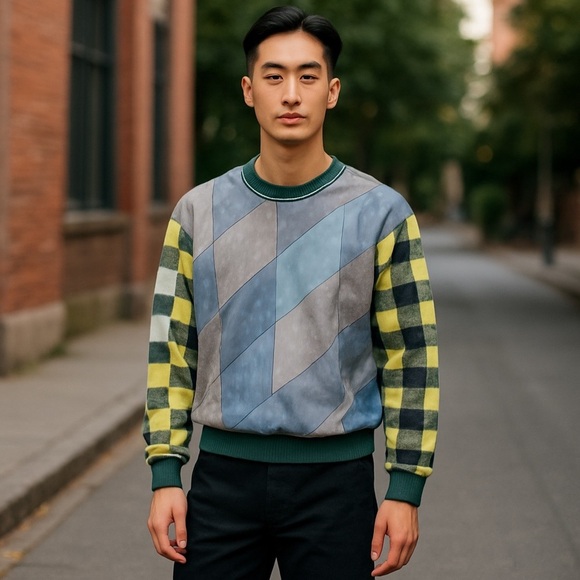 VTG 90s Saxony Leather Knit Sweater HipHop Coogi Style multicolor Texturized SzM - Picture 1 of 8